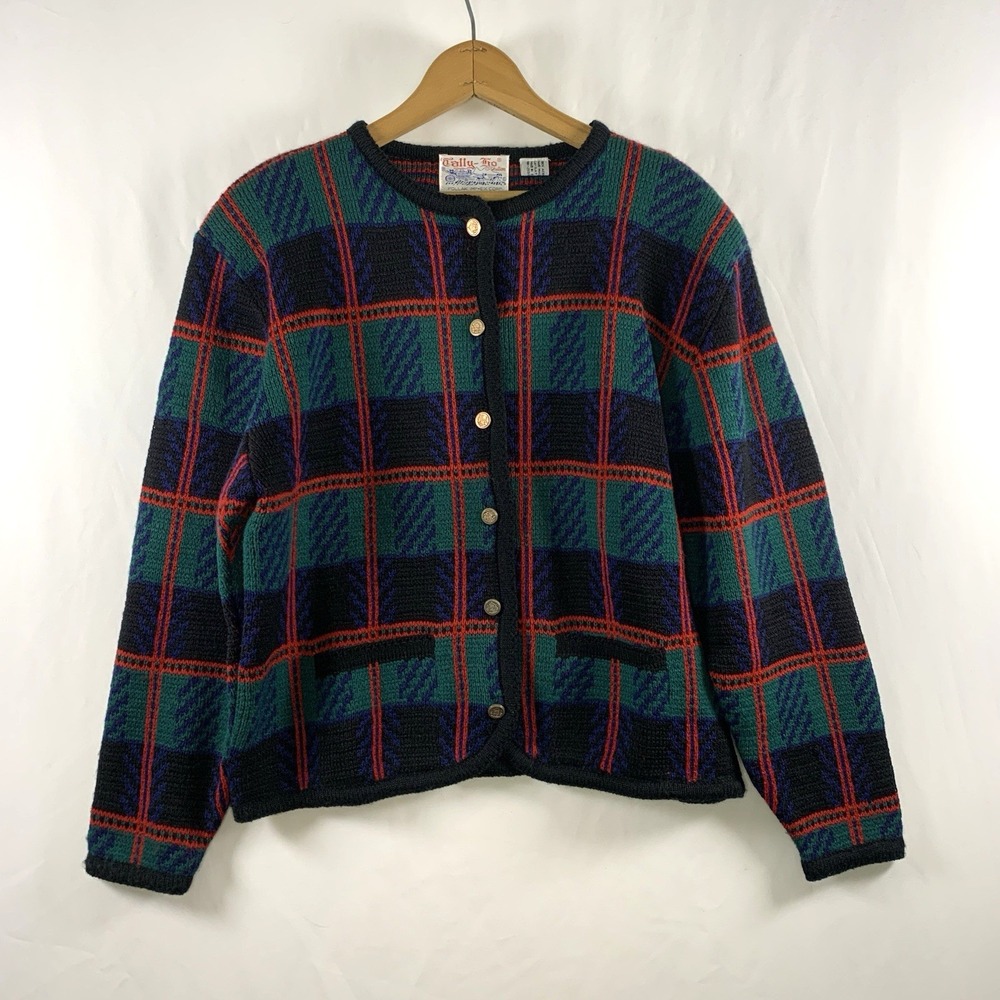 VTG Womens Old Money Tartan Plaid Button Cardigan Sweater Size L Academia Preppy